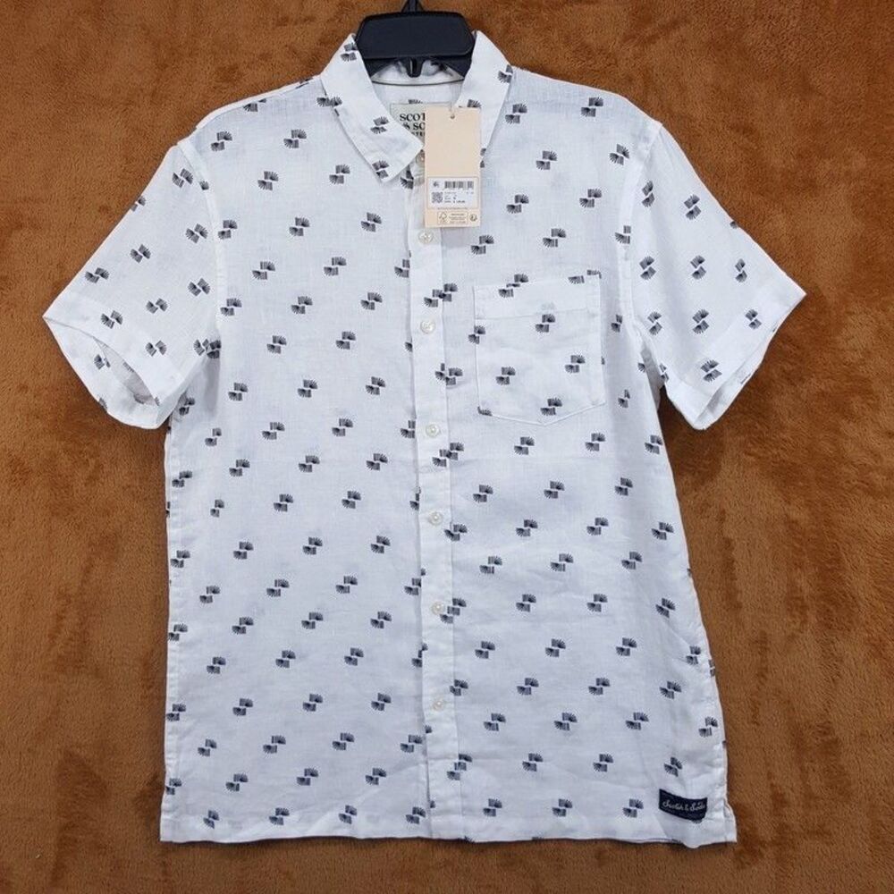 SCOTCH & SODA Button Shirt Mens Medium White Print Short Sleeve 100% Linen $128